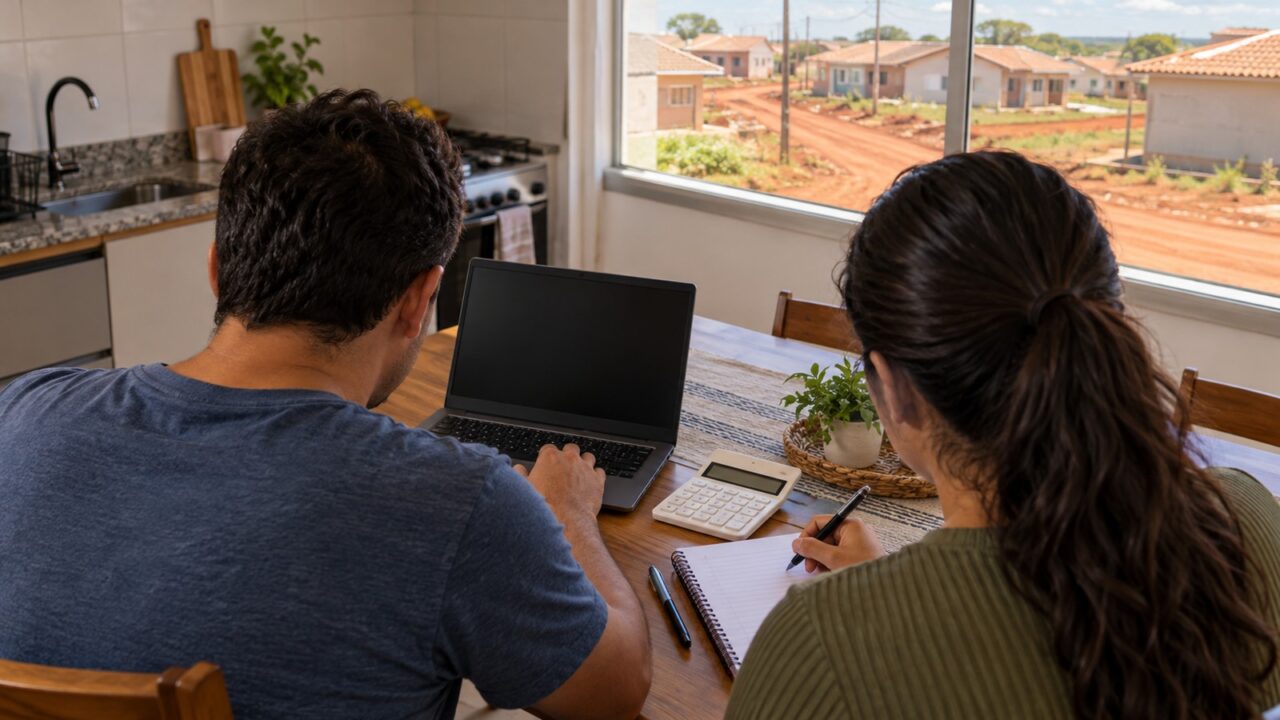 Casal calculando as parcelas do financiamento de um terreno à mesa de casa