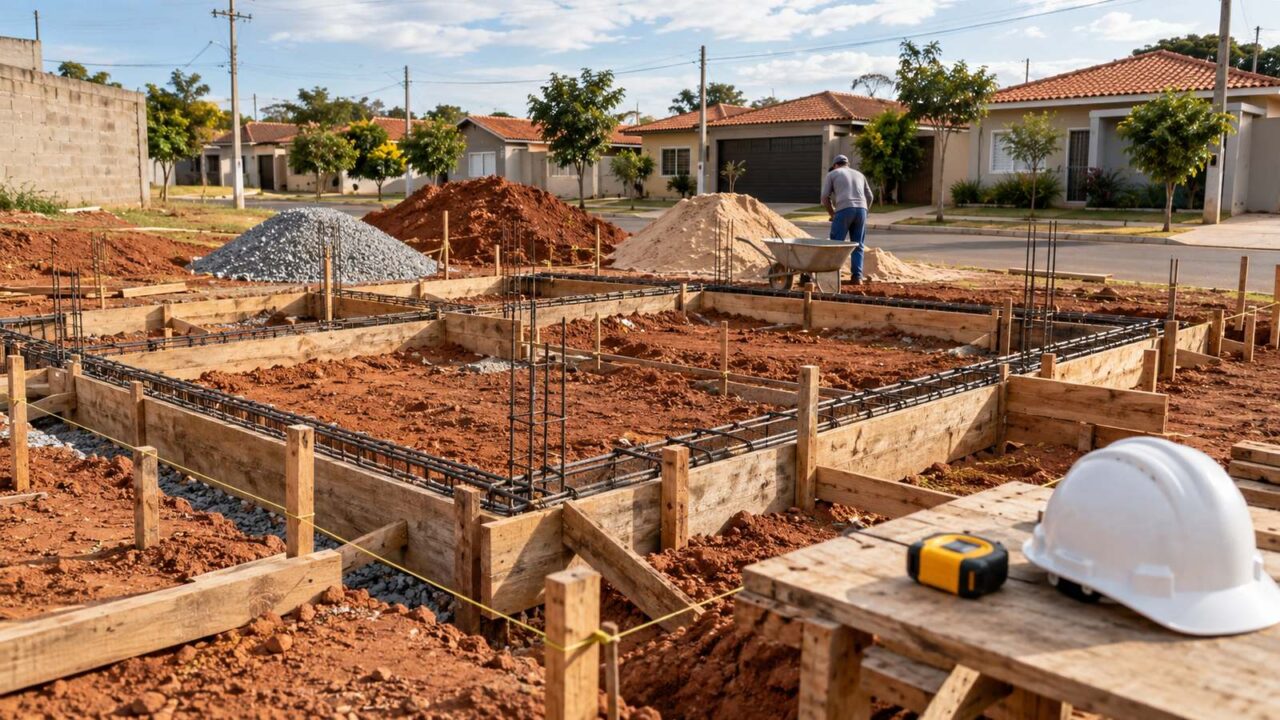 Início da obra de uma casa térrea em lote de loteamento, com fundação e ferragens