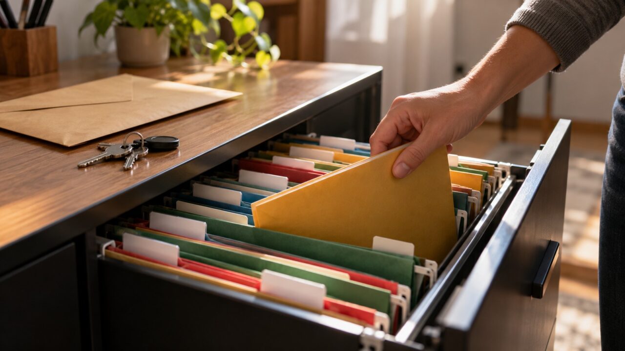 Pastas com certidões e documentos organizados para a compra de um terreno