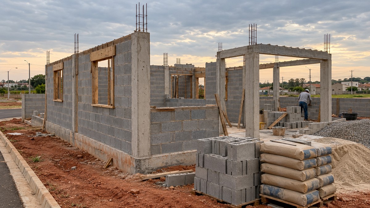 Casa em construção em terreno residencial de Piracicaba, com estrutura e alvenaria em andamento
