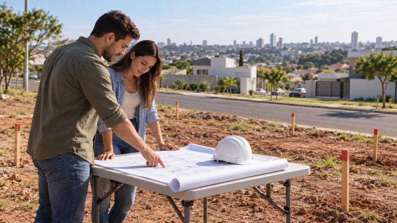 Casal analisando a planta de uma casa sobre um lote em Piracicaba para contratar financiamento de terreno e construção